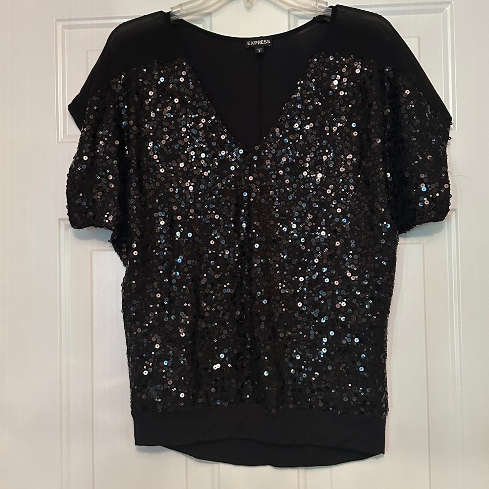 Express Sequin V-Neck Blouse S Black Festive Holiday Cocktail Party Date Night